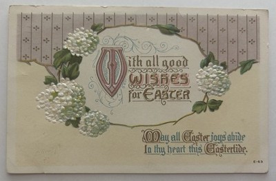 Antique Embossed Easter Postcard White Flowers Gold Gilt Religious Verse