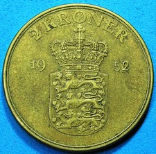 Denmark 2 Kroner Aluminum-Bronze Coin 1952, 31 mm, KM-838.1, Combined Shipping