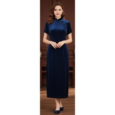 Vintage Amanda Smith Velvet Cheongsam Dress Size 16 Navy Mandarin Collar