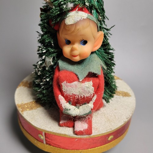 Two Knee Hugger Elves Christmas Bottle Brush Tree Music Box Silent Night Japan - Picture 5 of 8