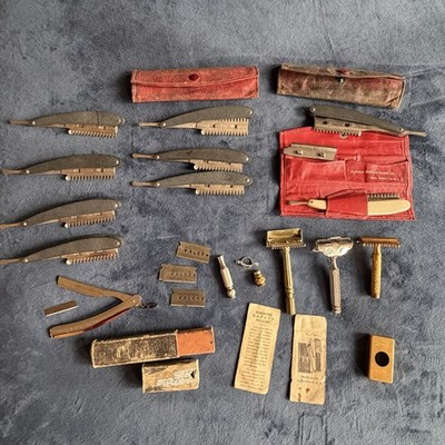 Vintage Lot of 13 Straight Safety Razors, Cases Parts Gillette L&A Durham Gem