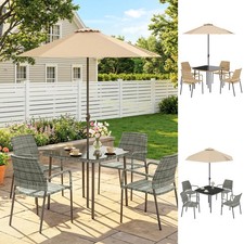 4 Seater Rattan Dining Set w/Parasol Garden Table & Stackable Chairs Refurbished