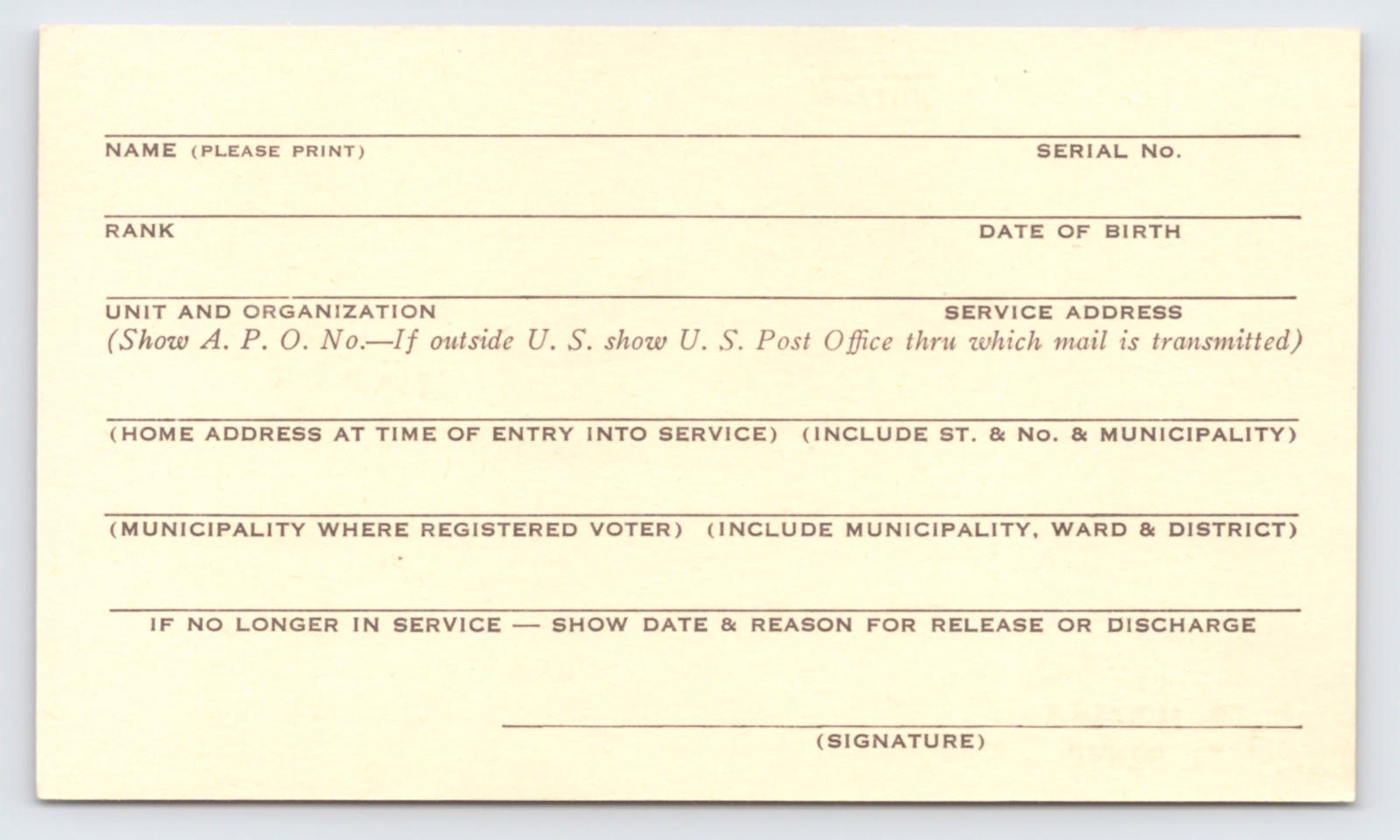 Wwii Nj Adjutant General Military Voter Registration Postal Card Trenton Nj