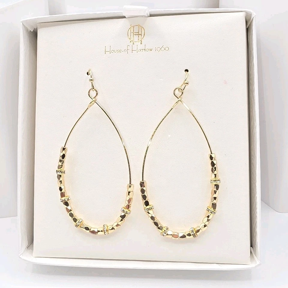 Pendientes colgantes House of Harlow lágrima tono dorado cuentas estrás acento Foto 2 de 4