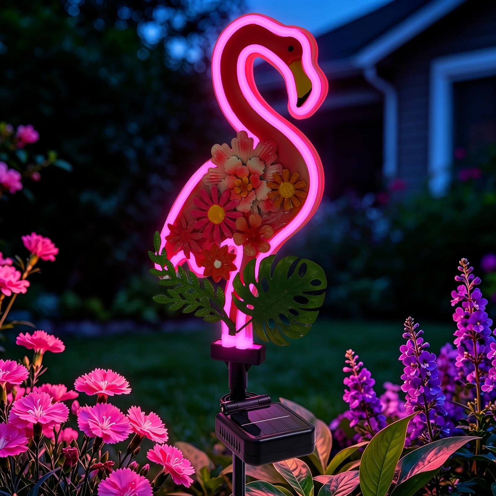 Flower Flamingo Solar Lights Outdoor Decor, Pink Neon Solar Flamingos Outdoor...