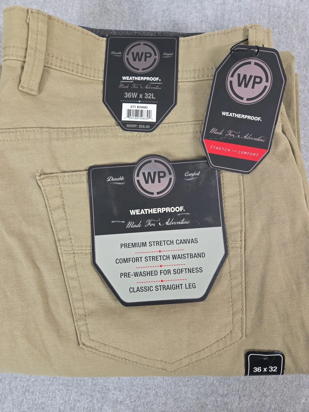 Weatherproof Vintage Mens 36x32 Comfort Stretch Canvas Khaki Straight NEW Defect