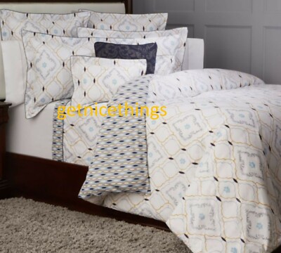 Yves Delorme Queen Flat Sheet 94x116'' Graphic Ornate White Blue Yellow Graphic