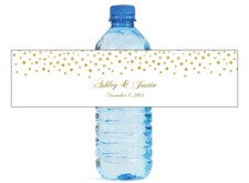 Gold Confetti Falling On White Background Wedding Birthday Water Bottle Labels