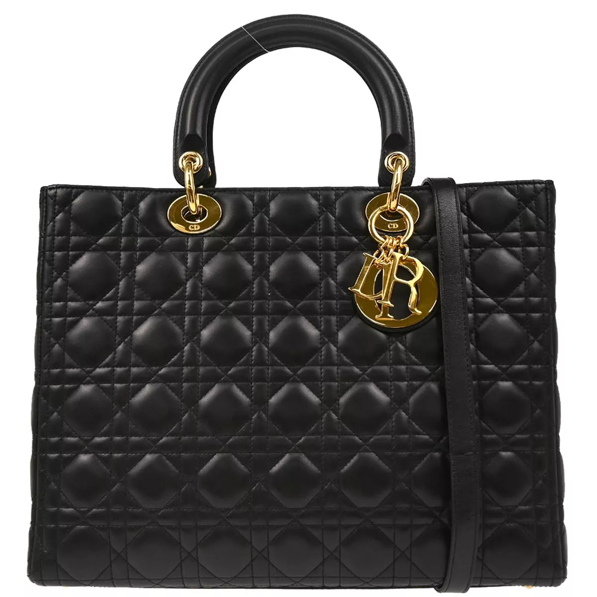 Sac à main Christian Dior noir en peau d'agneau Lady Dior Cannage 2 voies MA 0040 124616