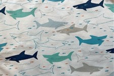 Crate  Barrel Kids Sharks Flat Sheet White Blue Grey Organic Cotton Sz Twin
