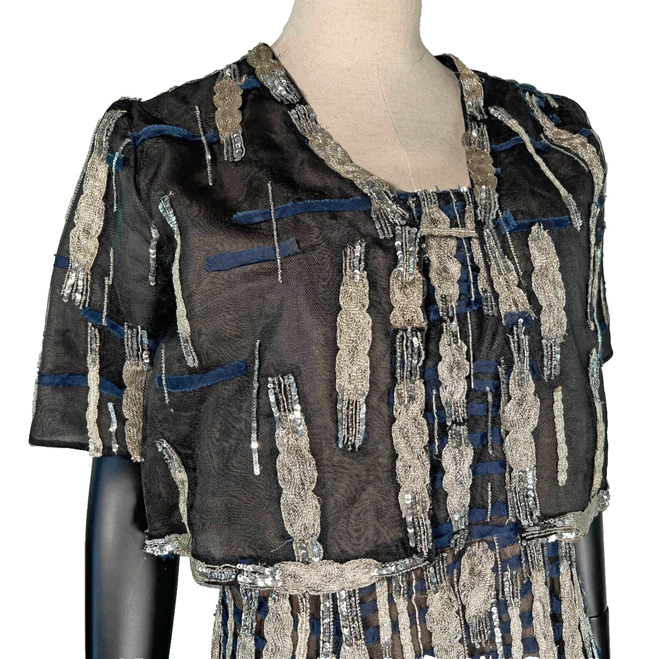 Vestido exquisito Oscar de la Renta negro, azul marino plateado nuevo con etiquetas, talla 12 Foto 2 de 4