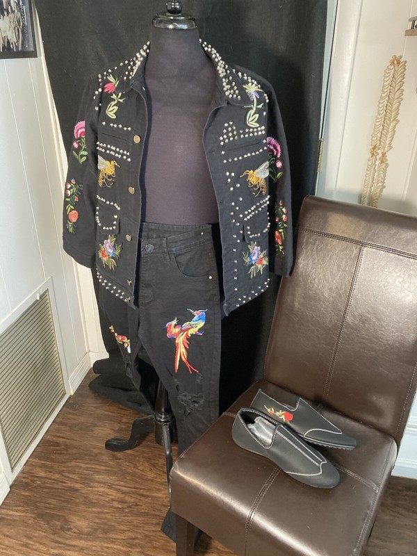 WOW! Floral Embroidered /Studded Black Jean Jacket and Matching Jeans and Shoes
