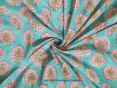 100% Indian By Yard Cotton Fabric Palm Tree Printed Handmade Ethnic Hand Block - Image 1 of 3