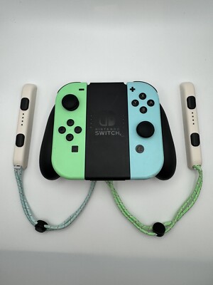 Genuine Nintendo Switch Animal Crossing Joy Con BUNDLE Blue Green, GRIP & MORE!