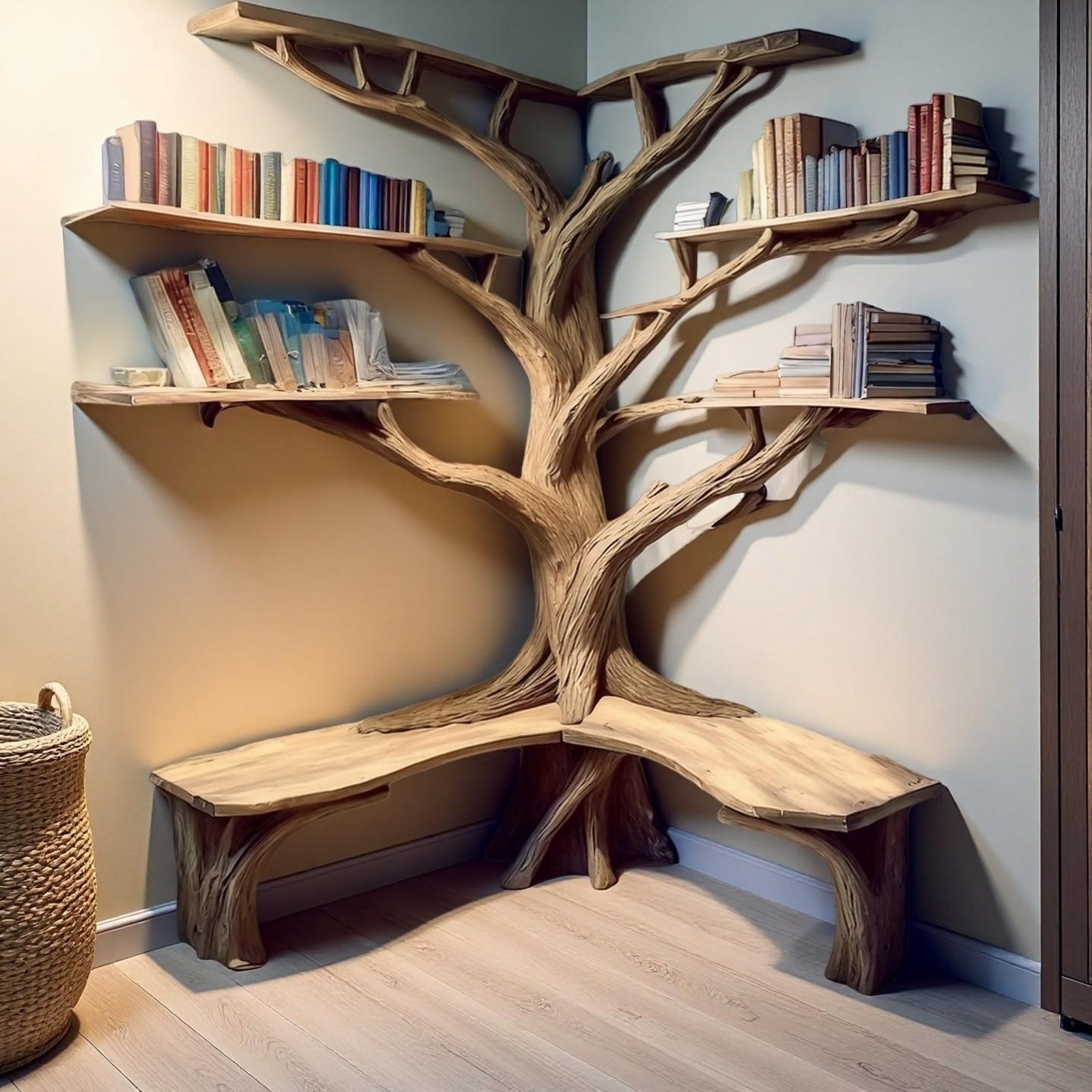 Handcrafted Tree Branch Bookshelf Solid Wood Floating Shelf Nature-Inspired Wall