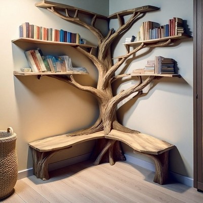 Handcrafted Tree Branch Bookshelf Solid Wood Floating Shelf Nature-Inspired Wall