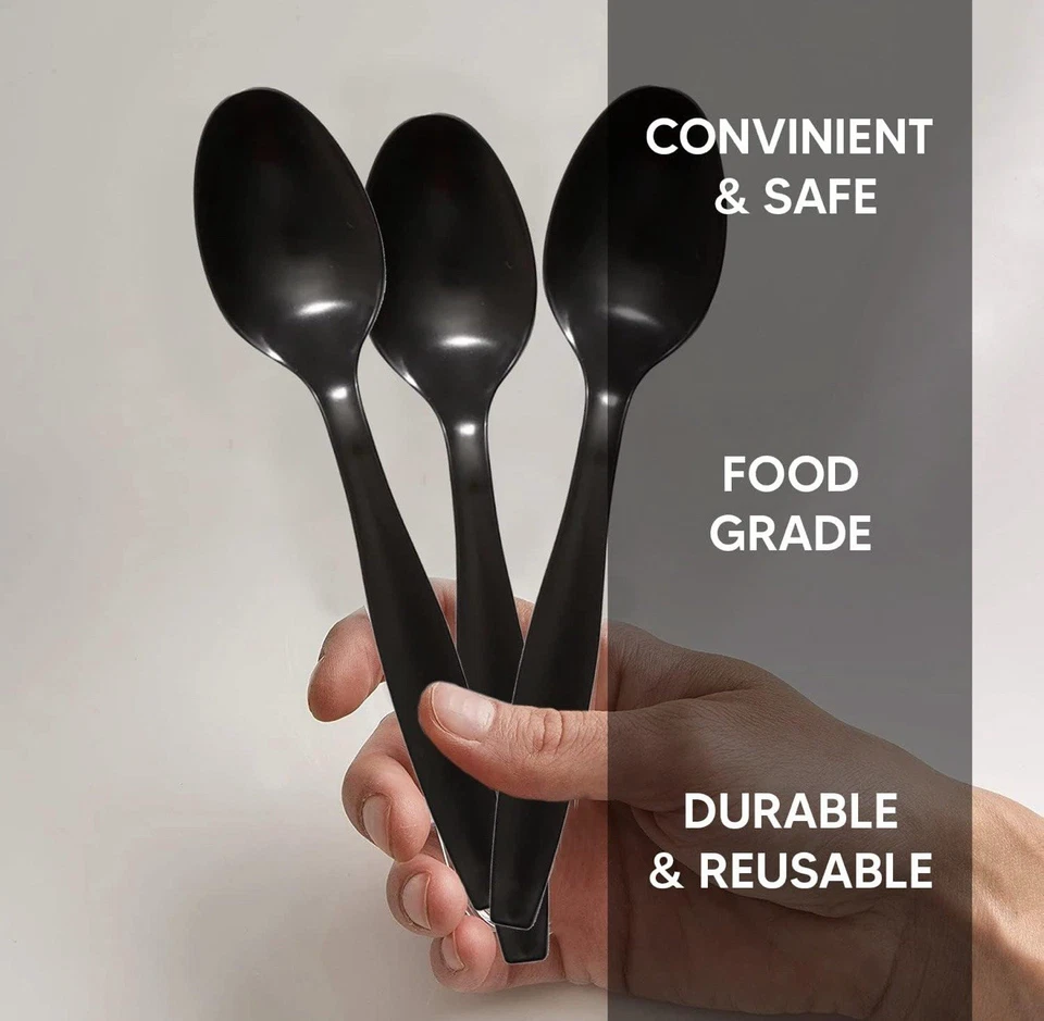 100x Black Plastic Spoons Heavy Duty Disposable Reusable Party Picnic Catering - Image 2 of 4