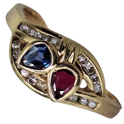 18K 750 Stempel Gold Rubin Saphir & Diamanten Toi Et Moi Bypass Italian Style Ring