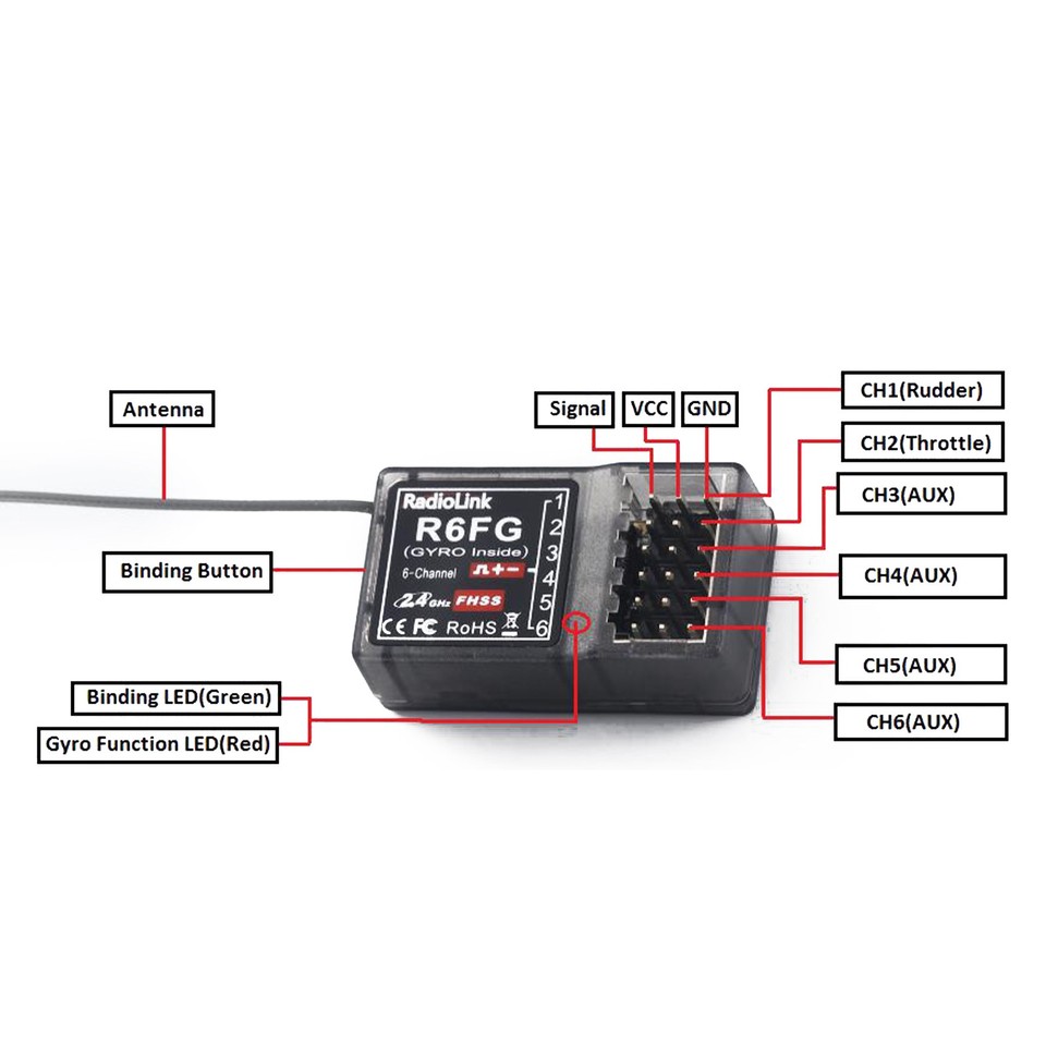 R6FG 2.4G 6-Channel Gyro RC Receiver for RC6GS RC4GS RC4G RC3S T8FB ...