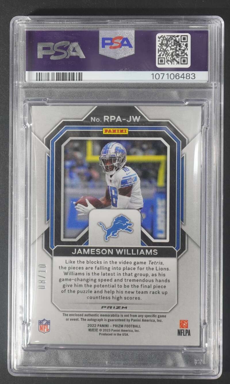2022 Panini Prizm Jameson Williams Rookie Patch Auto Gold /10 PSA 9 DA1471 view 2