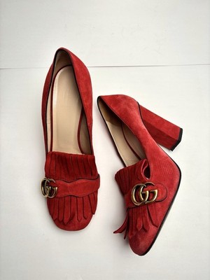 Gucci Marmont Fringe Suede Loafers Heels Red Block Heel EU 42