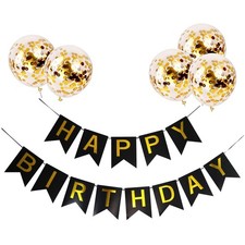 Happy Birthday Banner Sign Bunting Hanging Decorations with Shiny Gold Balloons