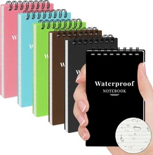 6 Pack Waterproof Pocket Notebooks, 3x5 Small Notepads, Mini Top Spiral Notebook
