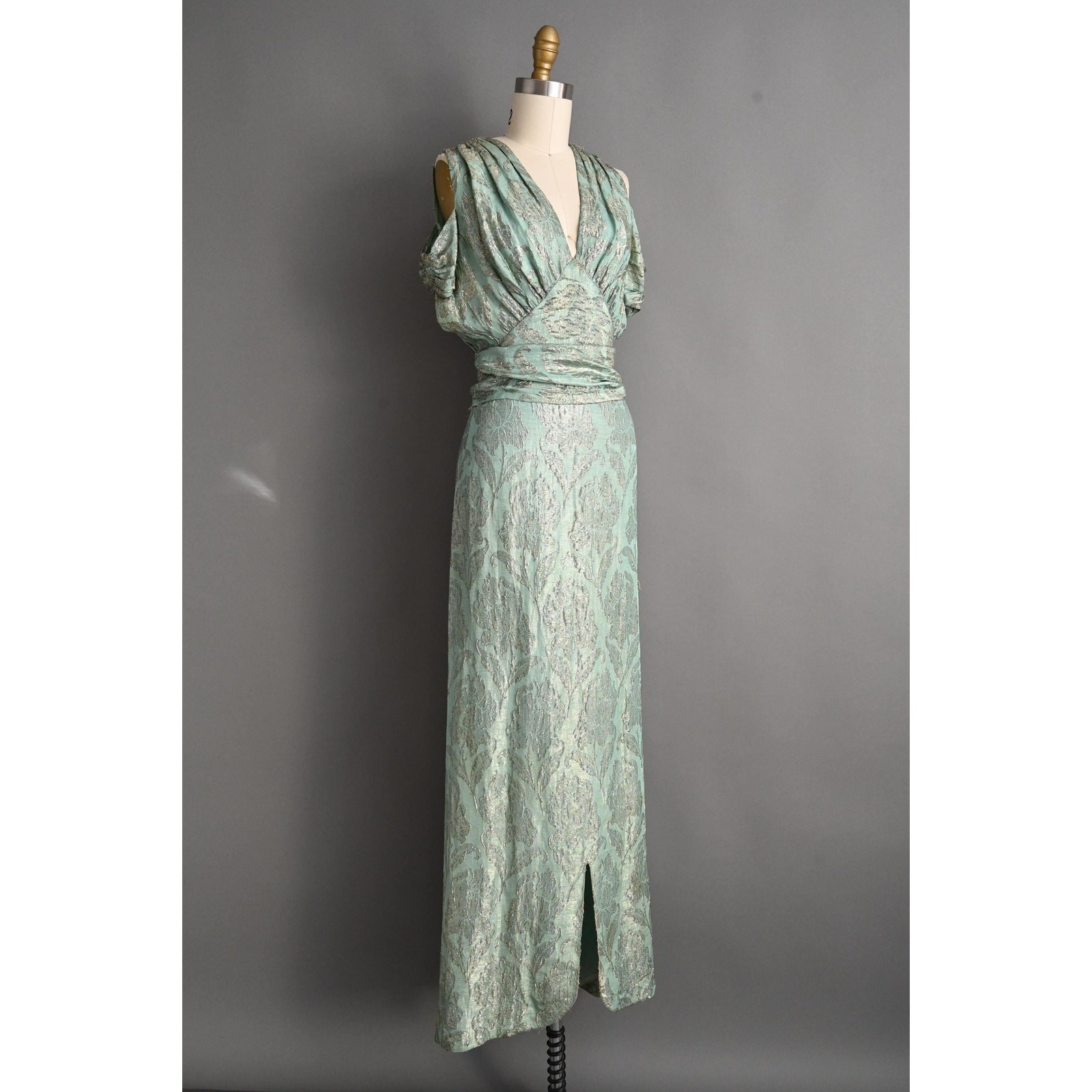 Vintage 1930s Dress | Rare Antique Mint Green Silver Lamé Party Gown | XS Small image 5