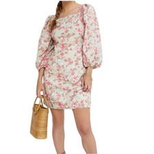 Anthropologie Forever That Girl Puff Sleeves Mini Dress Green Pink Floral