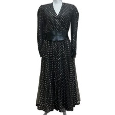 Halston III Dress 10 Black Mesh Tulle Gothic Gold Polka Dot Sparkle Whimsigoth