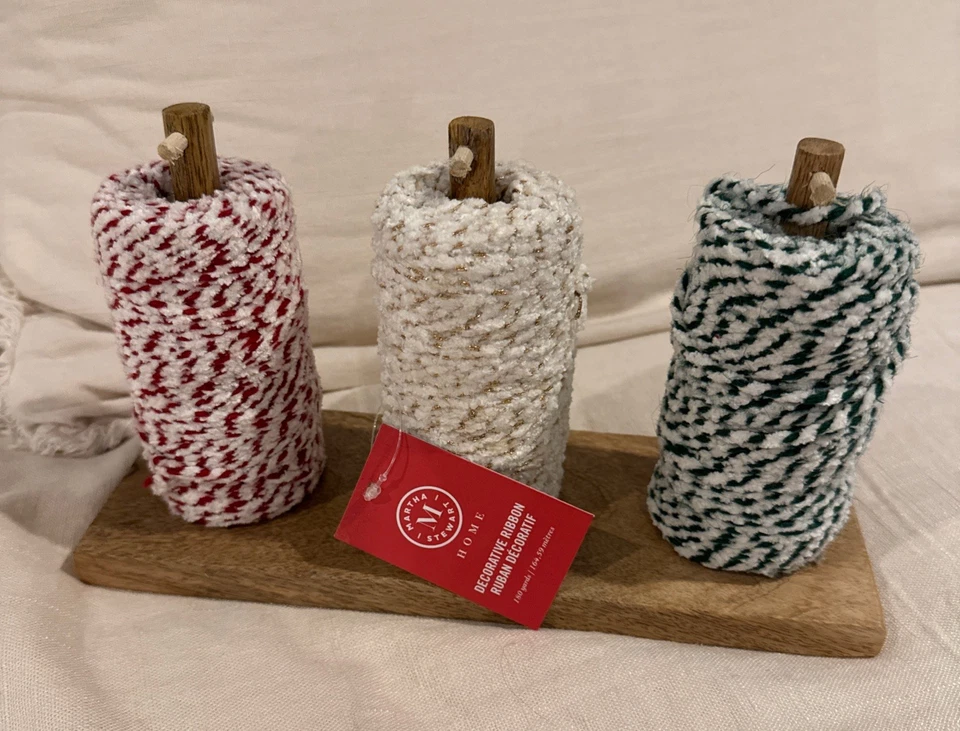 Martha Stewart Spools Holder 3 Chenille Ribbon Red Green White w/Gold New - Image 3 of 4