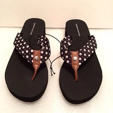 Tommy Hilfiger Logo Black White Thong Flip Flop Wedge Sandals Womens Size 10