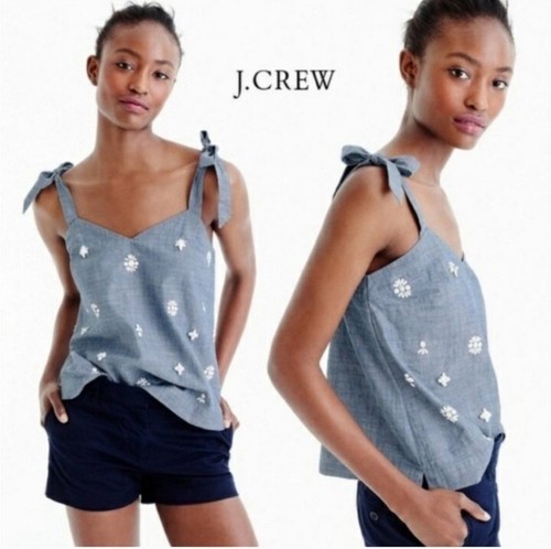J Crew Tank Top Women 0 Tie Shoulder V-Neck Blue Cotton Chambray Beaded Sequin - Picture 8 of 11