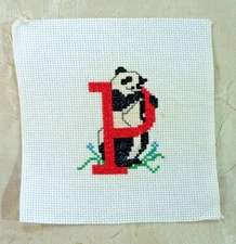 Finished Cross Stitch Letter P with Panda Alphabet  Sampler 6" x 6" unframed