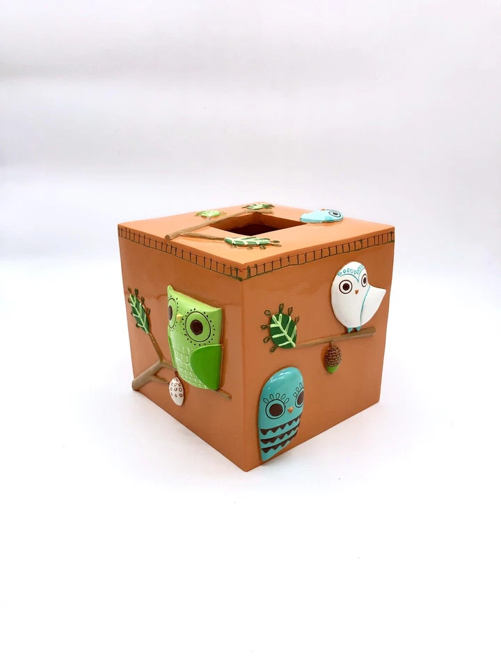 New Creative Bath Orange Give a Hoot Owl Resin Tissue Box Cover Fall Farmhouse - Image 2 of 4