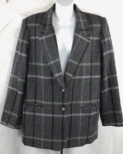 Vtg Alfred Dunner Wool Blazer Jacket 12 Gray Purple Plaid Pocket Career Academia