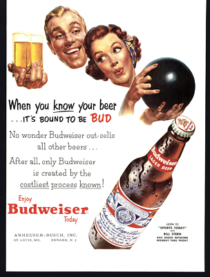 2 beer 2 cigarettes 1954 CHESTERFIELD CIGARETTES & BUDWEISER BEER DOUBLE-SIDE VINTAGE PRINT AD