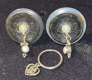 Vintage .925 Stamped Chinese Coins Sterling Silver Clasp Earrings w/ Ring Signed
