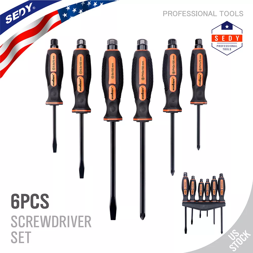 6 PC Hammer Head Screwdriver Commercial Grade Set Magnetic Tip Phillips Flat