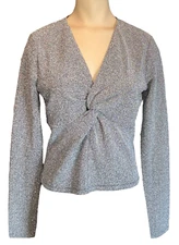 H&M Size M Silver Metallic V-neck Knotted Knit Long Sleeve Top LNC