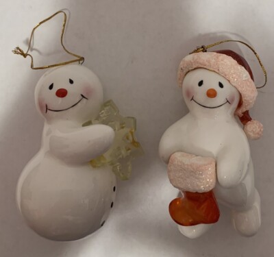 Fluffy Snowman Ornaments w/Cap & Stocking & w/ Snowflake Set Of Two