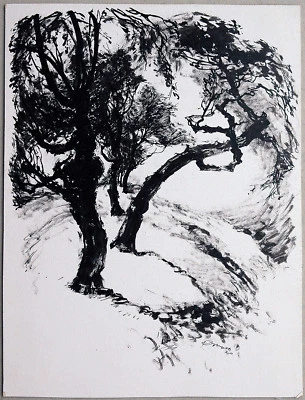 Paul Groß 1873-1942: original Tuschezeichnung 1920 Alte Bäume auf Hügel Wiese - Bild 1 von 4