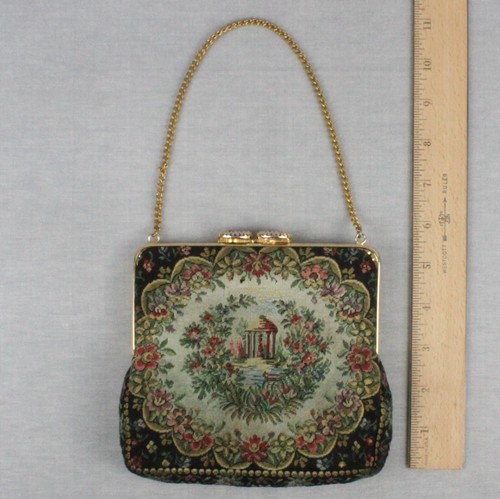 VTG French Pettipoint Tapestry Floral Clutch Purse Chain Porcelain clasp 6x6inch - Picture 11 of 13