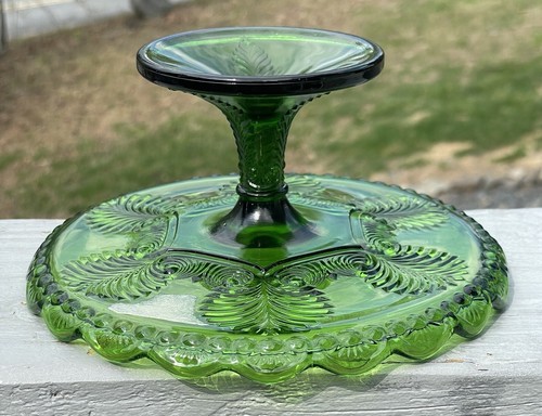 Antique Compote Green #15058 U.S Glass EAPG Palm Leaf & Scroll 1899 Cake Stand - Picture 7 of 10