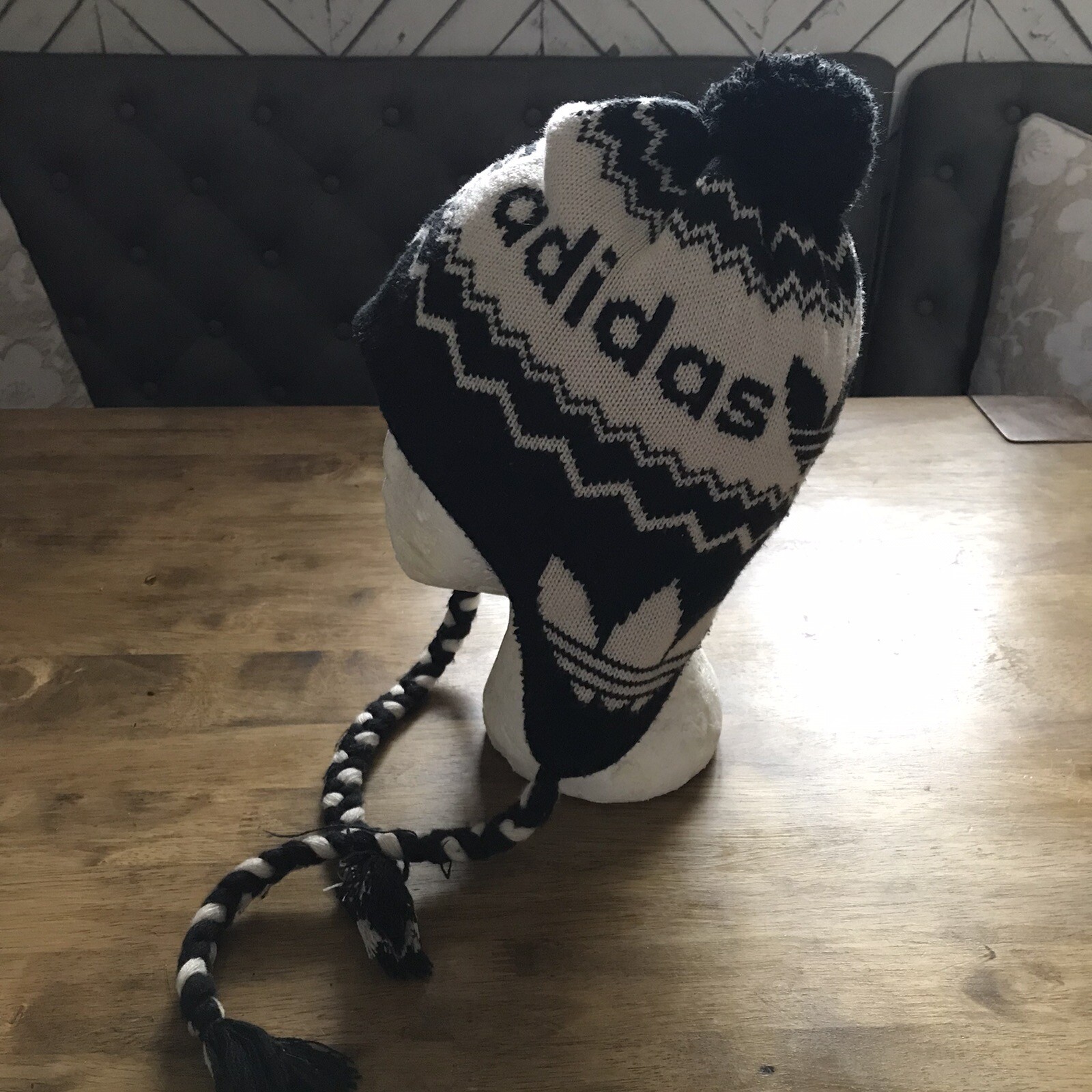 ADIDAS Peruvian Bobble Hat Plaits Black & White Faux Fur Lined Trapper Tre Foil eBay