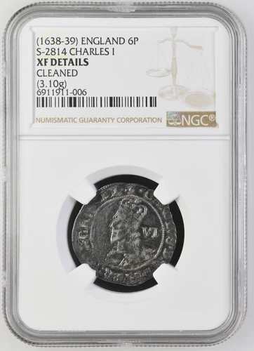 England - 1638-39 Charles I - 6 Pence - NGC XF Details - OLD CABINET TONING!