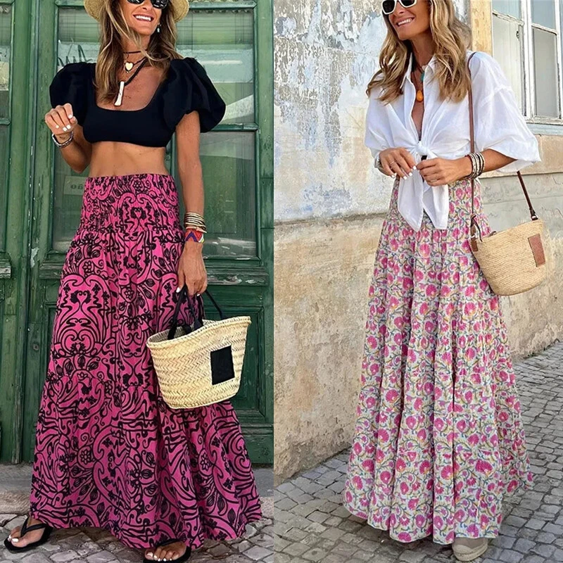 Womens Boho Floral Long Maxi Skirt Ladies High Waist Beach Holiday Swing  Dress