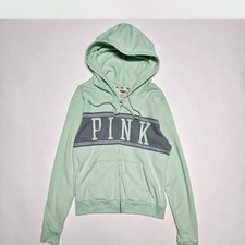 Victoria's Secret Y2K Mint Green With Gray Logo Zip-Up Sweatshirt Hoodie Size M