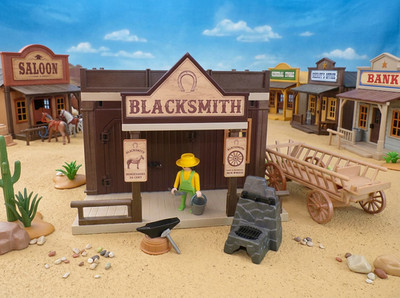 PLAYMOBIL Westernhaus Custom: BLACKSMITH (Schmiede) mit großem Tor und Karren
