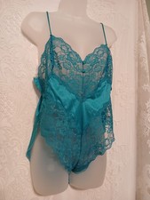 Vintage 80s Vassarette Teal Green Silky Satin Floral Lace Teddy Lingerie M EUC